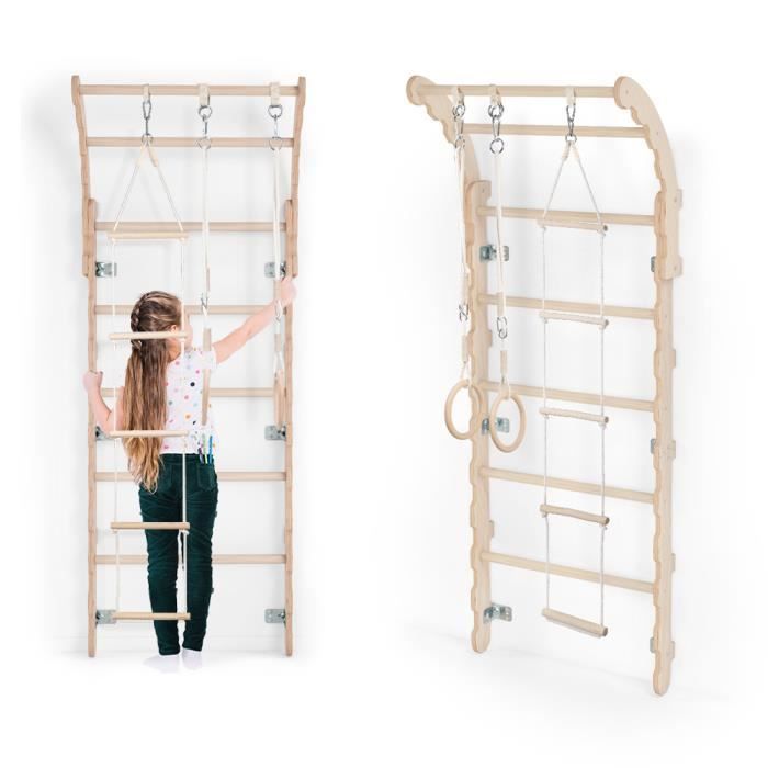 MAMOI Midi mur d’escalade pour chambre d'enfant | Échelle d’escalade (175 cm) + anneaux gymnastique + échelle de corde