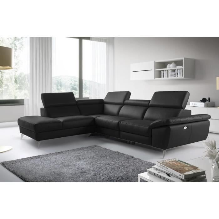 Canapé d'angle relax -100% tout cuir épais luxe italien - 1 relax électrique - 5/6 places KASTER - noir - angle gauche (vu de face)