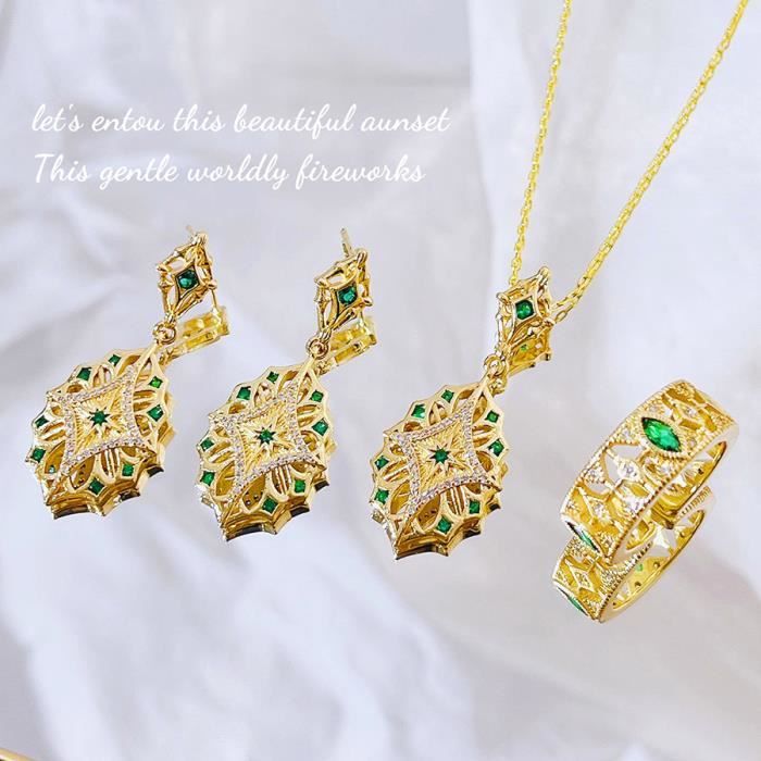 Ensemble mode femmes plaqué or 18 carats émeraude collier de fête de mariage ensemble de 3 pièces bijoux pour femmes
