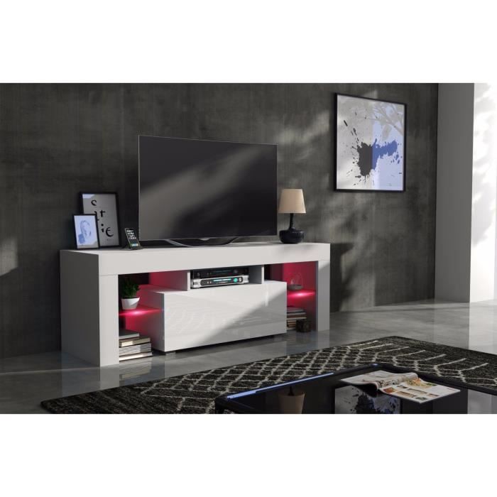 Meuble tv 130 cm corps blanc mat et porte laquée avec led