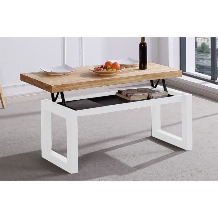 Table basse relevable en bois coloris chêne nordique - pieds blanc -Longueur 120 x profondeur 60 x hauteur 47 cm