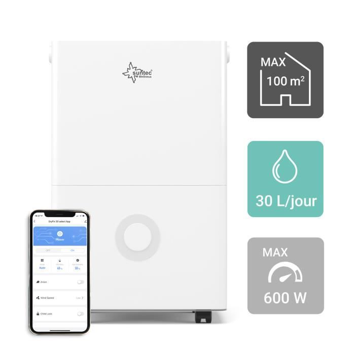 SUNTEC Déshumidificateur d'air électrique DryFix 30 select APP WIFI pour pièce jusqu'à 100m² (~250m³), contrôlable par application