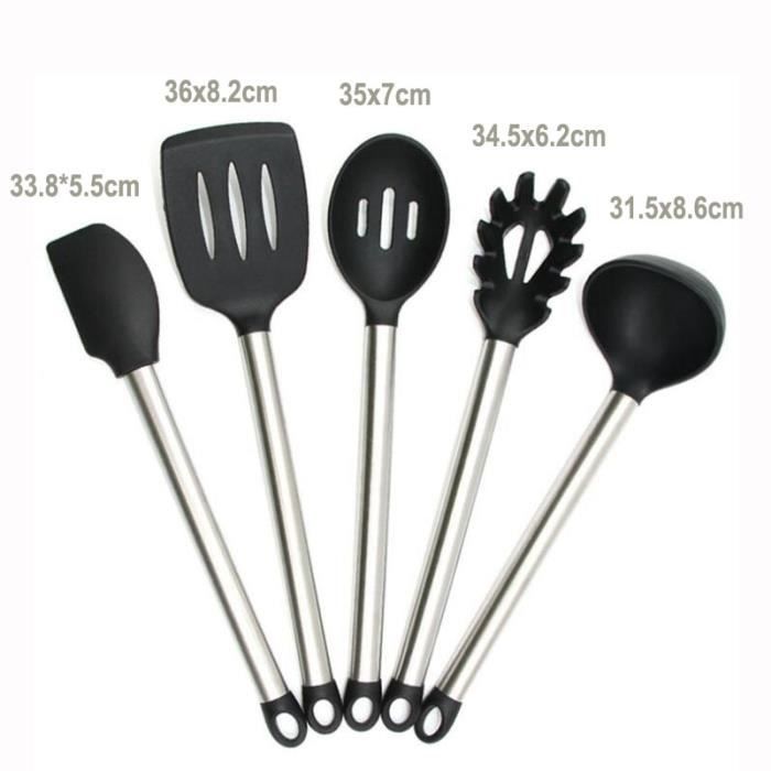 5 pièces set ustensiles de cuisine ustensiles de cuisson utensils Acier Inoxydable & Silicone Noir