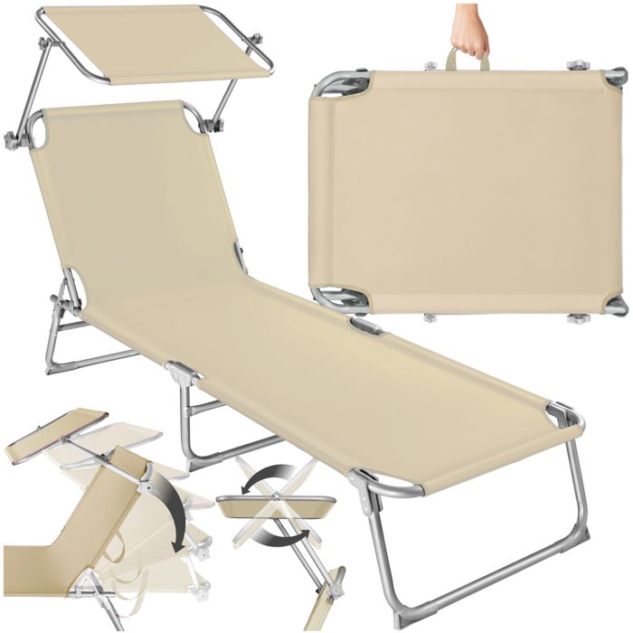 TECTAKE Transat Jardin de Bain Pliant Inclinable avec Pare Soleil en Acier 190 cm Beige