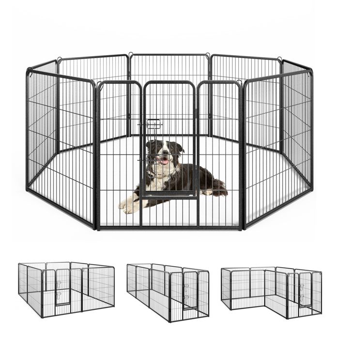 Comparer les prix de GOPLUS Barrière de Sécurité Pliable pour Chien en 8 Panneaux de 80cm de Hauteur avec Verrou, Barrière en Métal avec Porte