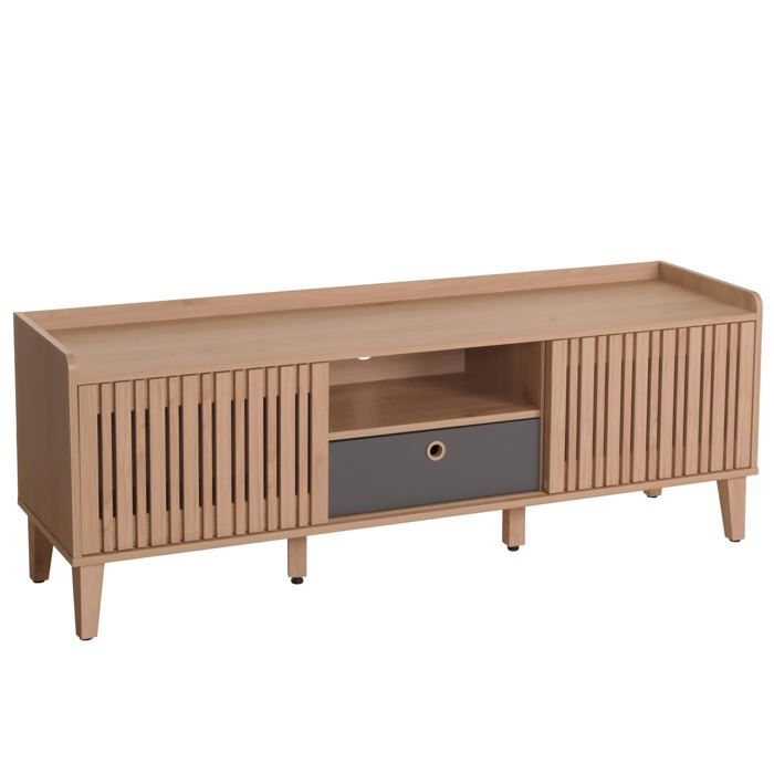 Meuble TV porte coulissante 3 compartiments de rangement bois de manguier 56 x 150 x 40 cm tiroir gris 04_0007869 Meuble TV porte coulissante 3 compartiments de rangement bois de manguier 56 x 150 x 40 cm tiroir gris 04_0007869