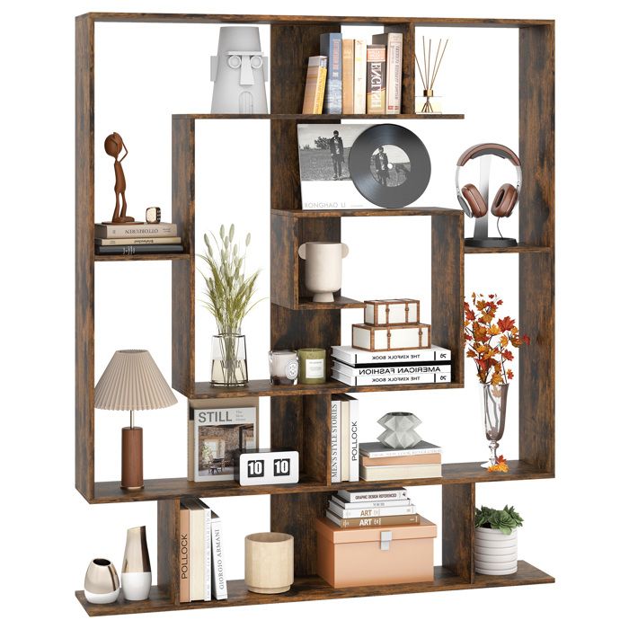 Bibliothèque Géométrique à 7 Niveaux COSTWAY 2 Kits Anti-Basculement Organisateur de Rangement dAffichage Marron Rustique