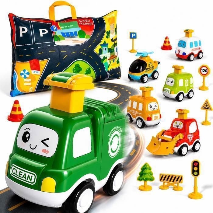 Jouets automobiles - KUKUFUN - Set 8 pièces - Tapis/sac 2‑en‑1 - Véhicules colorés - 1-3 ans
