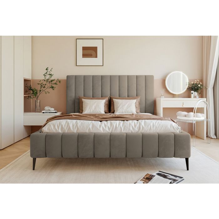 Lit coffre avec pieds - FIARRO - 140x200 cm - en tissu velours gris-beige