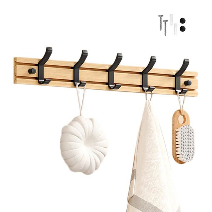 Porte-manteau mural bambou 5 crochets noir - 40 x 6 cm alliage aluminium antirouille