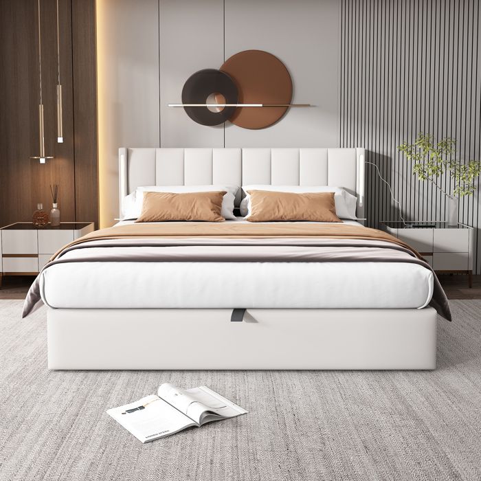 Lit Double 140x190cm Hydraulique USB Éclairage LED Rangement Tête Réglable Galet PU Blanc (sans Matelas)