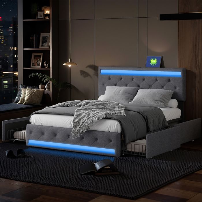 140x200 cm lit double coffre en linge gris cadre de lit avec base de bande lampes LED USB et 4 tiroirs de stockage sans matelas