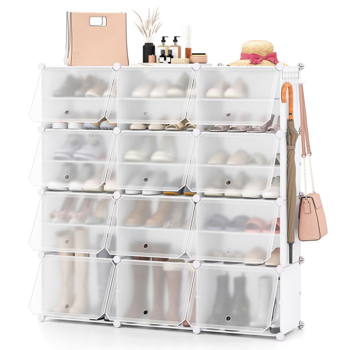 COSTWAY Étagère à Chaussures à 8 Niveaux en Plastique pour 48 Paires Crochet Latéral Étagère Réglable pour Talons et Bottes