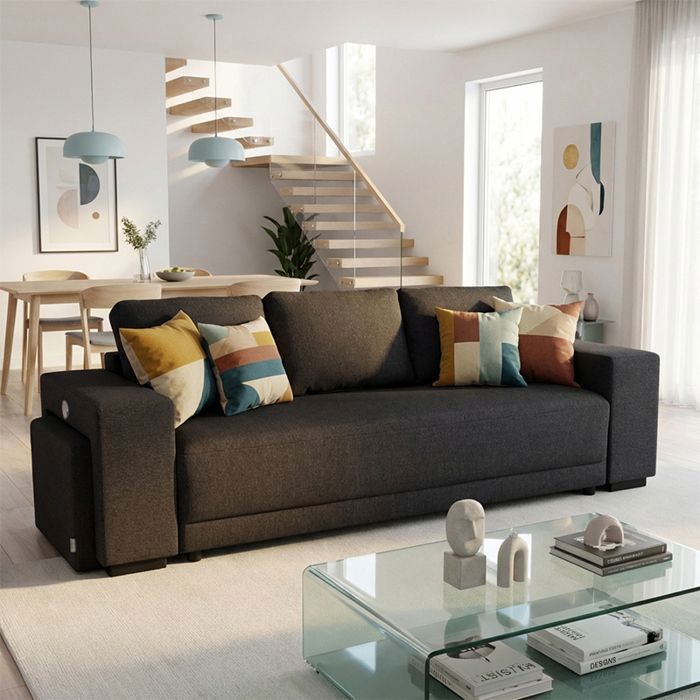 VEGA Canapé droit reversible convertible Gris ANTHRACITE (tissu texturé) - Taille S - 3 places - 249 x 89 x 85