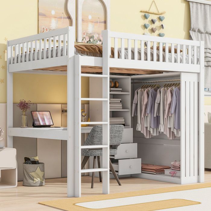 Lit mezzanine 140x200 cm - avec bureau - avec penderie - avec 3 tiroirs - rangement ouvert - avec escalier - blanc