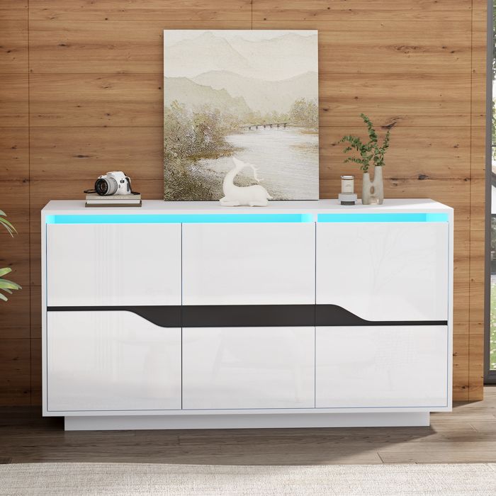 Buffet brillant 140 x 40 x 76 cm - 3 portes - avec éclairage LED - avec étagères réglables - panneaux de particules - blanc + noir
