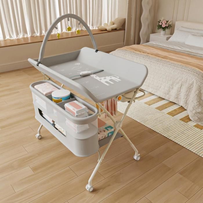 B.LIVEM Table à Langer Pliante 4 en 1 Meuble à Langer Mobile avec Roulettes Hauteur Réglable avec Panier de Rangement