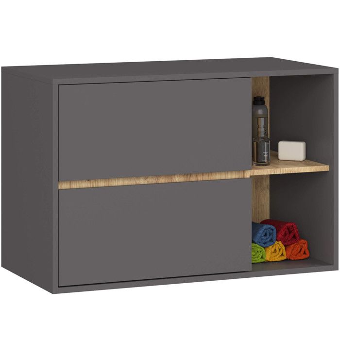 Meuble salle de bains VAMI suspendu sans vasque Gris Graphite et Chêne Artisan 90 cm 2 tiroirs 2 étagères 90x45 5x60 cm Meuble salle de bains VAMI suspendu sans vasque Gris Graphite et Chêne Artisan 90 cm 2 tiroirs 2 étagères 90x45 5x60 cm