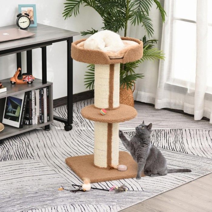 Arbre à chat 91 cm marron clair avec griffoir sisal plateforme et coussin Arbre grimper multi-niveaux pour chat Arbre à chat 91 cm marron clair avec griffoir sisal plateforme et coussin Arbre grimper multi-niveaux pour chat