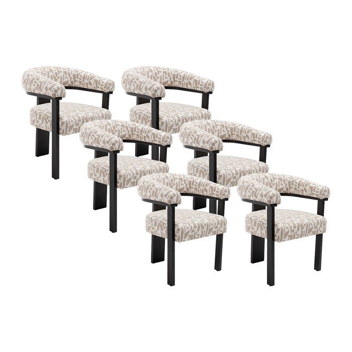 Lot de 6 chaises avec accoudoirs en tissu texturé bicolore et bois dhévéa noir - Crème et taupe - LIVELIA