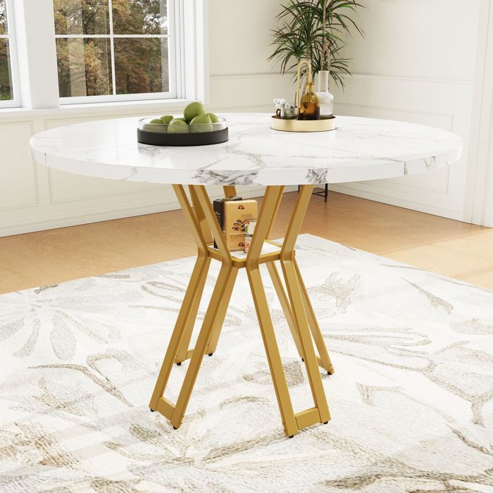 Table de salle à manger 100x100 plateau marbré MDF pieds dorés