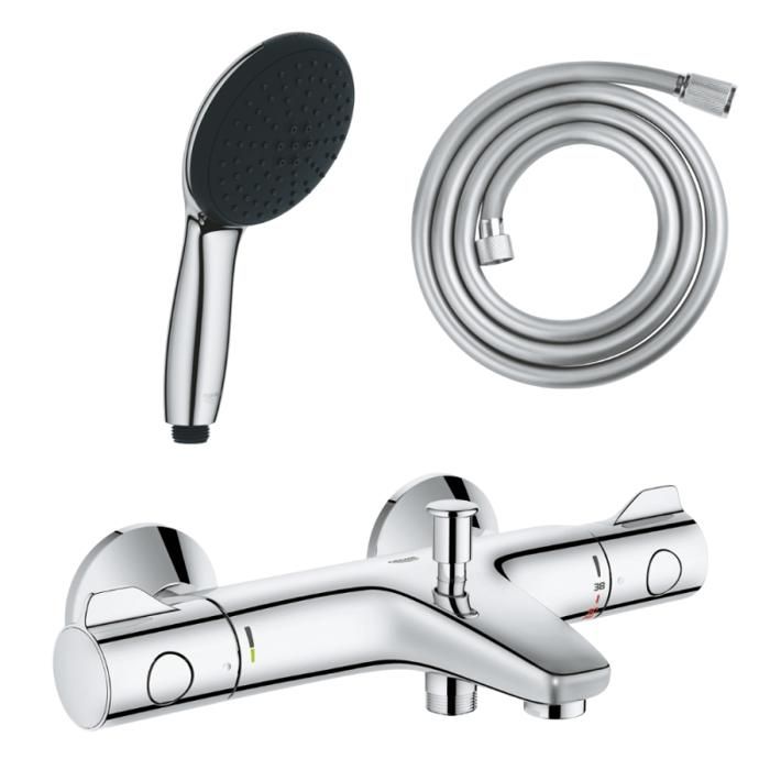 Grohe Pack mitigeur bain douche thermostatique Grohtherm 800 + Douchette 2 jets Vitalio Start 110et flexible