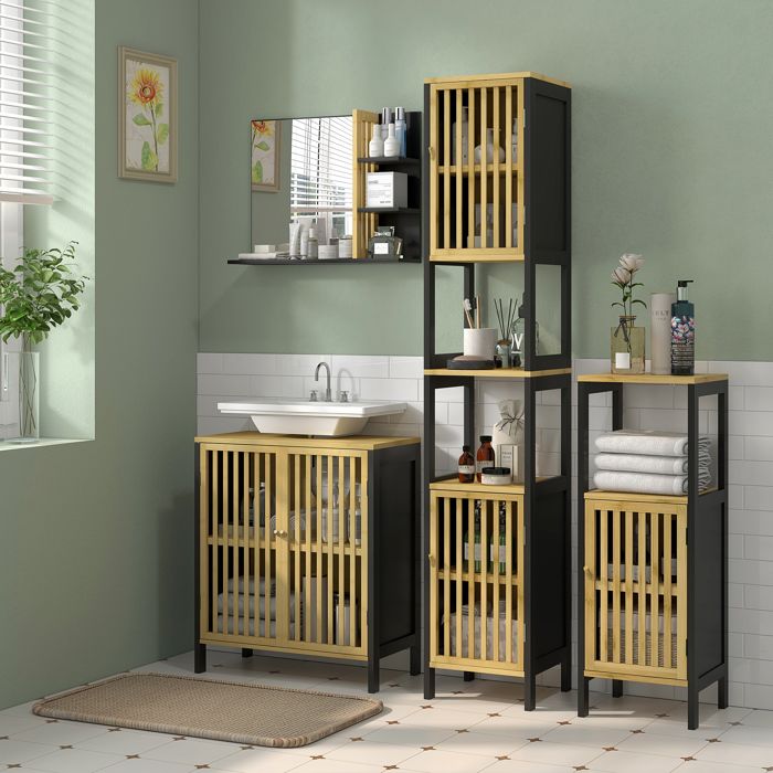Meuble sous vasque 2 portes avec étagère réglable armoire de rangement pour lavabo 60 x 30 x 70 cm MDF et bambou