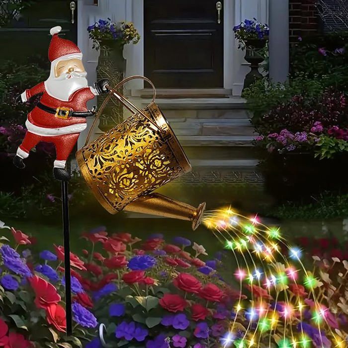 Arrosoir Solaire Déco Noël Avec Père Noël - Lanterne LED Étanche Jardin, Terrasse - Lumière Automatique Soir