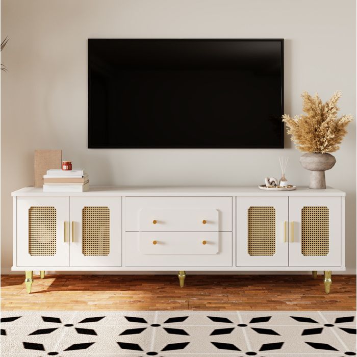 Maisentiel Meuble TV rétro blanc 175 cm 4 portes effet rotin PVC 2 tiroirs et pieds métal dorés
