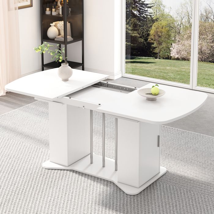 Table à manger extensible - JAERLIUB - 120/160x80 cm - Blanc - Pieds argentés - Espace de rangement - Multifonctionnelle