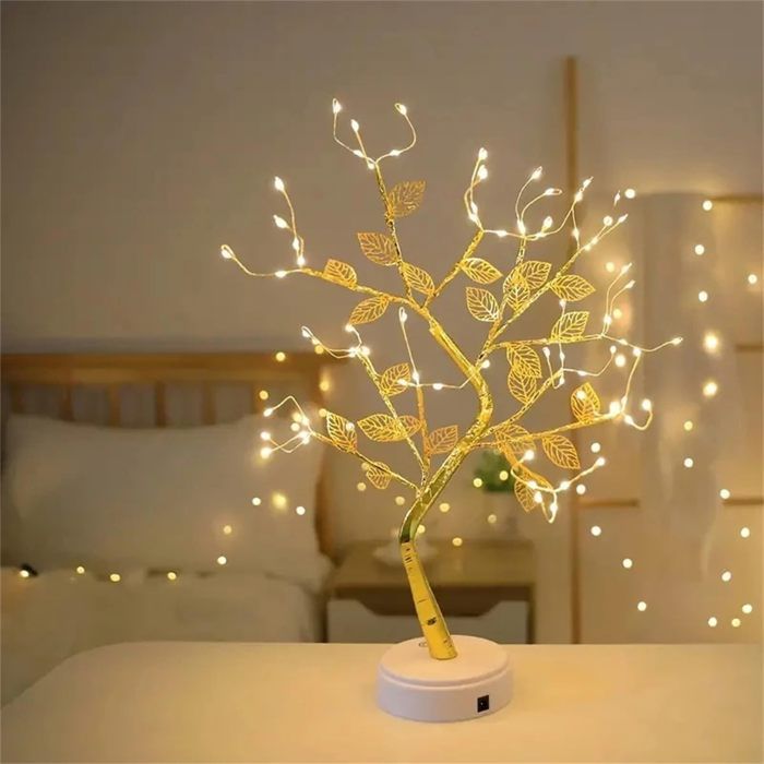 Lampe de chevet LED lampe de table en forme darbre avec feuilles dorées éclairage dappoint alimenté par USB pour table de