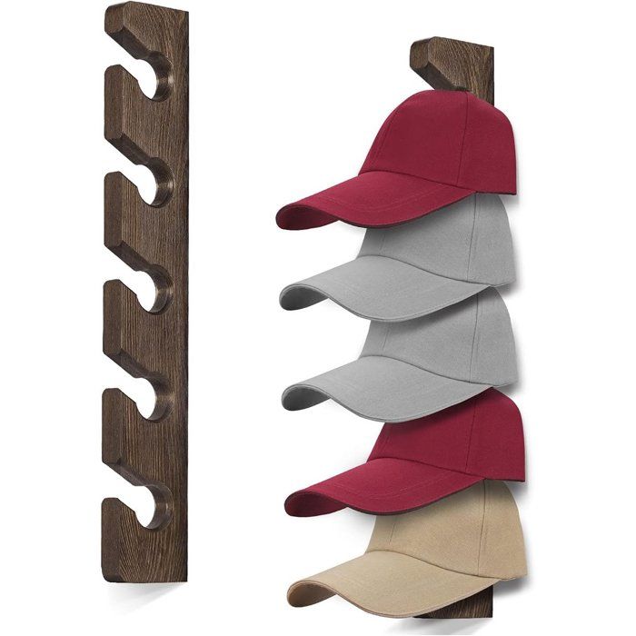 Porte-chapeaux mural bois marron support casquettes crochets vêtements différents types