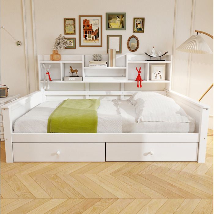 Maisentiel Lit canapé enfant 90 x 200 cm blanc avec 2 tiroirs étagères intégrées et sommier à lattes