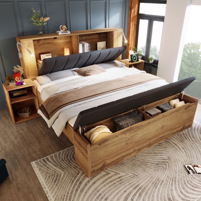 Lit Combiné 180x200 cm King Size avec Banc Coffre et 2 Tables de Chevet Lampes LED USB - Structure Métal et Bois Effet Chêne
