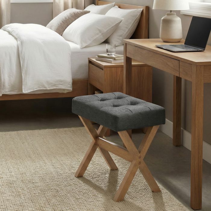 Tabouret de Coiffeuse Rembourré Pied en Bois pour Chambre Dressing Entrée 32 x 42 x 46 cm Gris et Marron