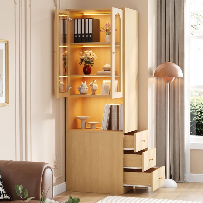 Bibliothèque Haute 200 cm avec Armoire vitrée en Verre LED et 3 Tiroirs Latéraux – Colonne de Rangement Effet Chêne
