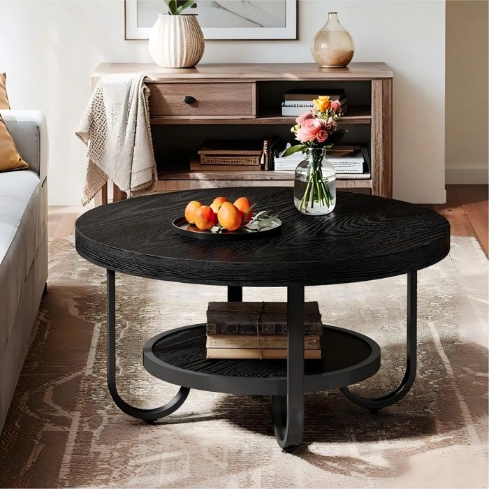 Table basse salon - 80 × 45 cm - moderne ronde 2 Niveaux - Cadre métallique - noir