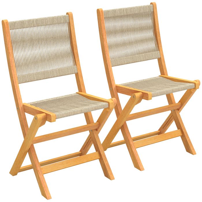 Lot de 2 chaises de jardin - Outsunny - pliantes dossier assise en corde tressée gain de place charge 160 kg - bois - beige