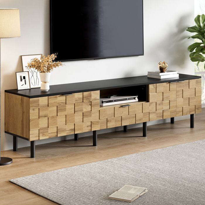 Meuble TV mosaïque longueur 170cm 2 portes et tiroir aspect bois compartiments ouverts pour salon couleur bois naturel