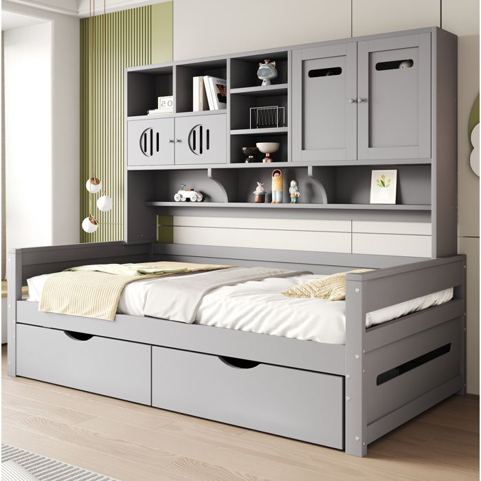 Lit simple 90×200 cm avec tiroirs rangements intégrés et tête de lit bibliothèque - BEAUNIV - sans matelas bois de pin gris