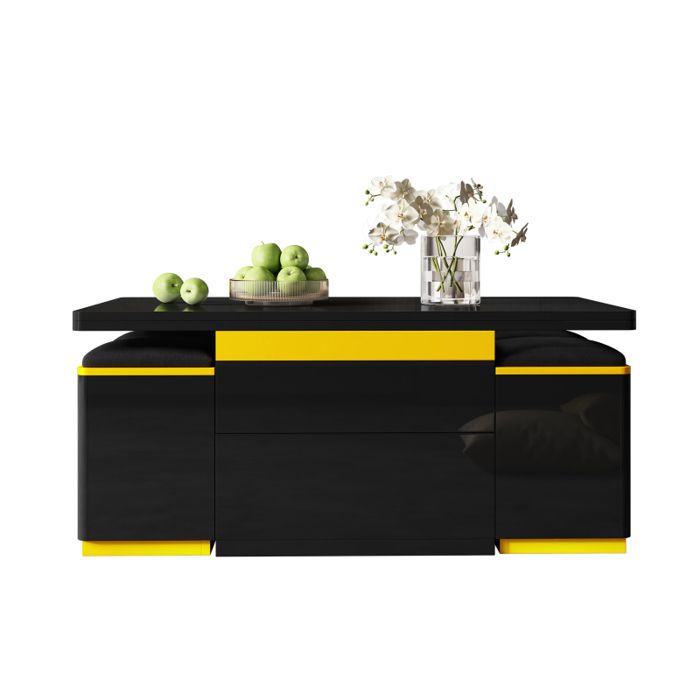 Table basse moderne noire haute brillance multifonctionnelle réglable en hauteur table à manger pliante avec 4 tabourets 100x5