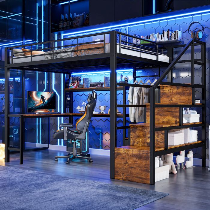 Lit mezzanine multifonction - 140x200 cm - Cadre en métal robuste - Éclairage LED intégré - Bureau et étagères intégrés