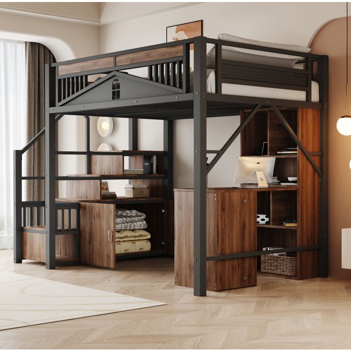 Lit mezzanine 2 places 140 × 200 cm avec escalier rangements bureau et barrière sans matelas noir - UVRION