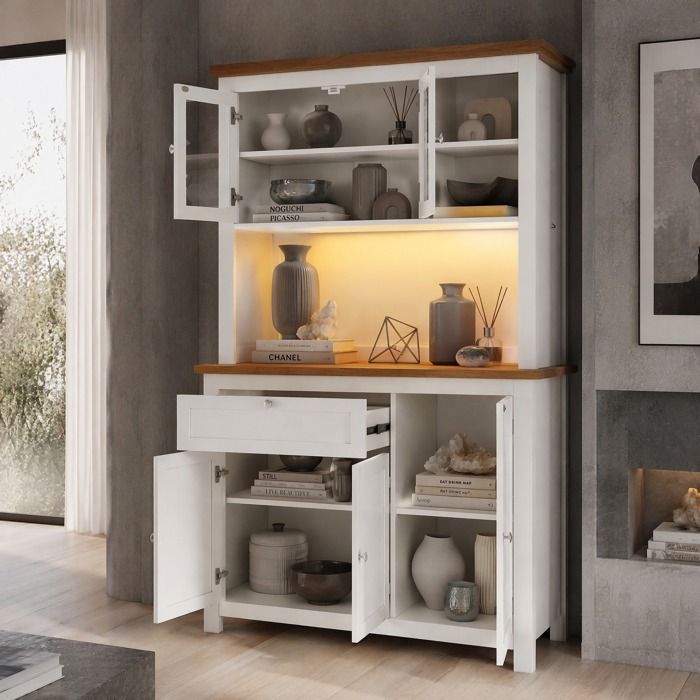 Buffet de cuisine blanc LED - MDF métal - portes vitrées - étagères réglables - 104 x 40 x 180 cm