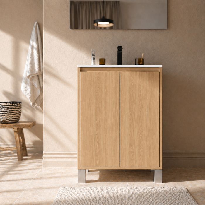 Pack Meuble Salle de Bains 70cm Chêne Clair 2 Portes avec Vasque Céramique Blanche - XENOS