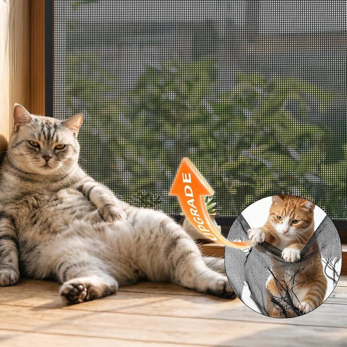 Moustiquaire Chat Fenêtre Renforcé Résistant à Griffe ChatsFilet Chat Fenetre Sécurité avec Bande Auto-Adhésive130*150cm Noir