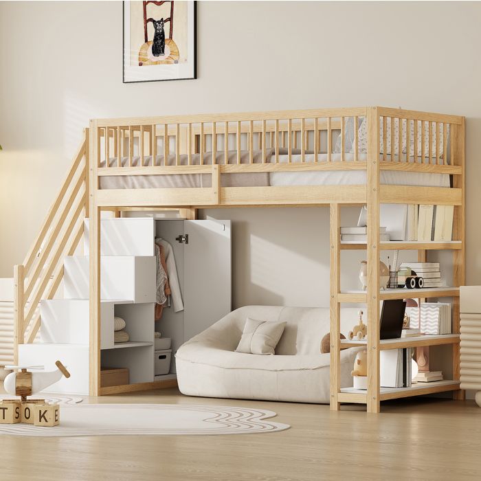 Lit mezzanine 90 x 200 cm en bois massif avec armoire étagères rangements et escalier sécurisé