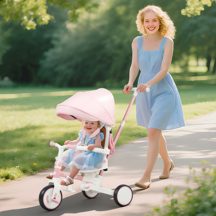 Tricycle enfant 5-en-1 rose buggy bébé transformable poignée amovible réglable ceinture sac de rangement 1-3 ans