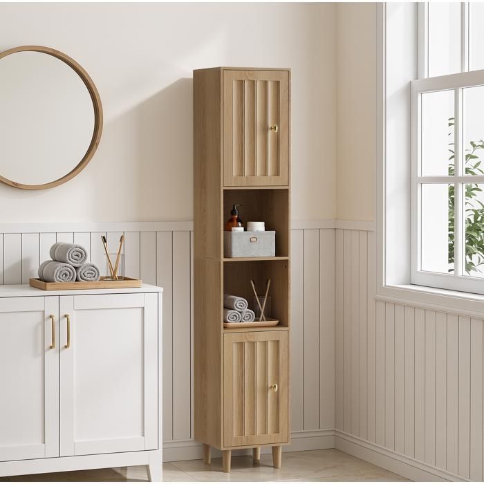 COVREO Colonne de salle de bain 32 x 30 x 169 cm avec 2 portes 2 niches ouvertes finition chêne