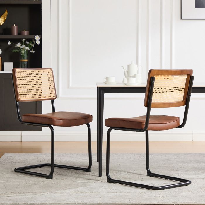 Chaise de salle à manger vintage industrielle EVRYAE 46 x 58 x 86 cm en PU et rotin synthétique marron